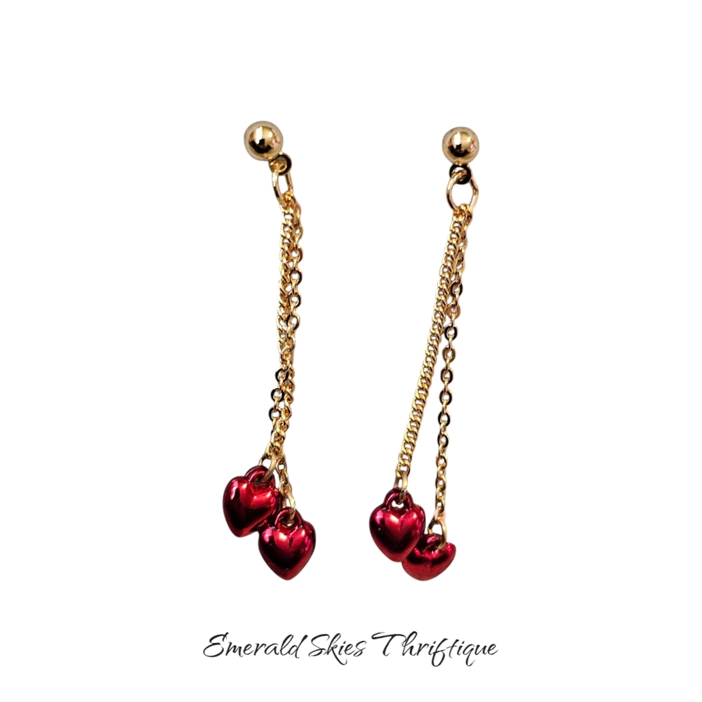 Vintage Avon Double Heart Drop Pierced Earrings w/ Surgical Steel Posts.